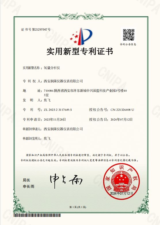 實用新型專 利證書-氧量分析儀